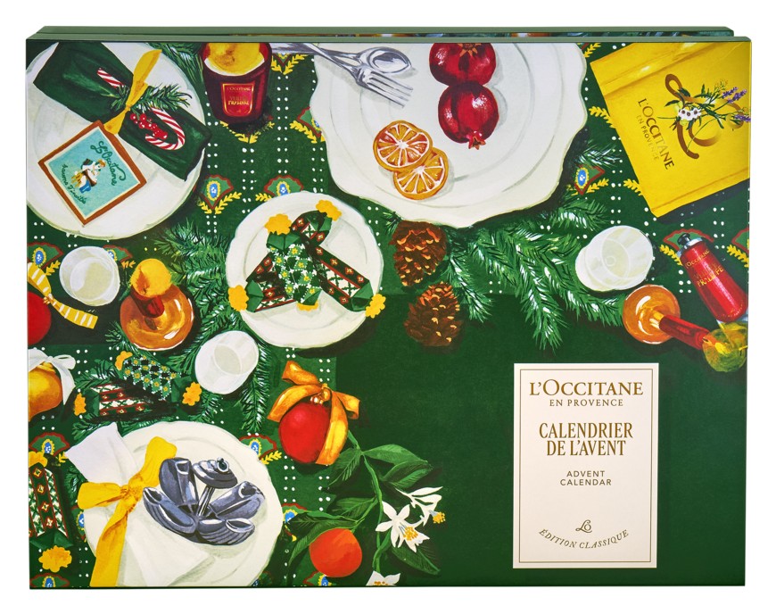The closed L'Occitane Classic Advent Calendar 2026 box, illustrated with a festive Provençal table scene