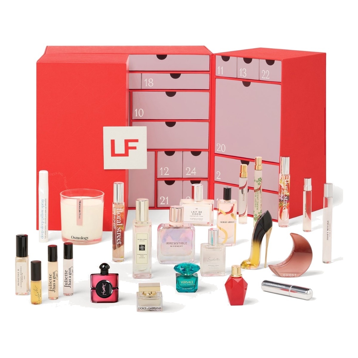 The Lookfantastic Fragrance Advent Calendar 2026, a red drawer calendar, with its fragrance minis in front