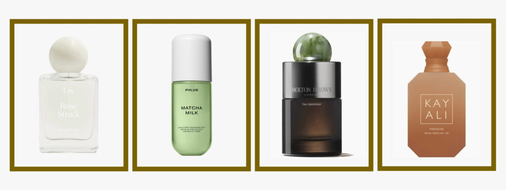 Four of the best matcha perfumes in gold frames: Liis Rose Struck, Phlur Matcha Milk, Molton Brown Tea Ceremony and Kayali