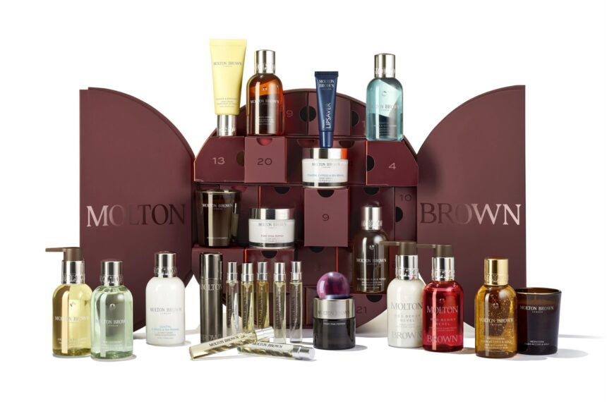 The Molton Brown Advent Calendar 2026 open, with its fragrances, bath and body care and candles arranged in front