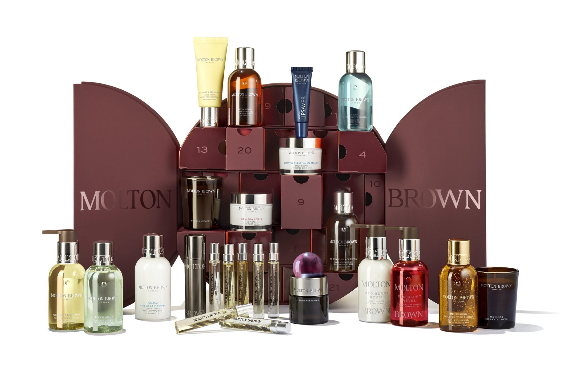 The Molton Brown Advent Calendar 2026 open, with its fragrances, bath and body care and candles arranged in front