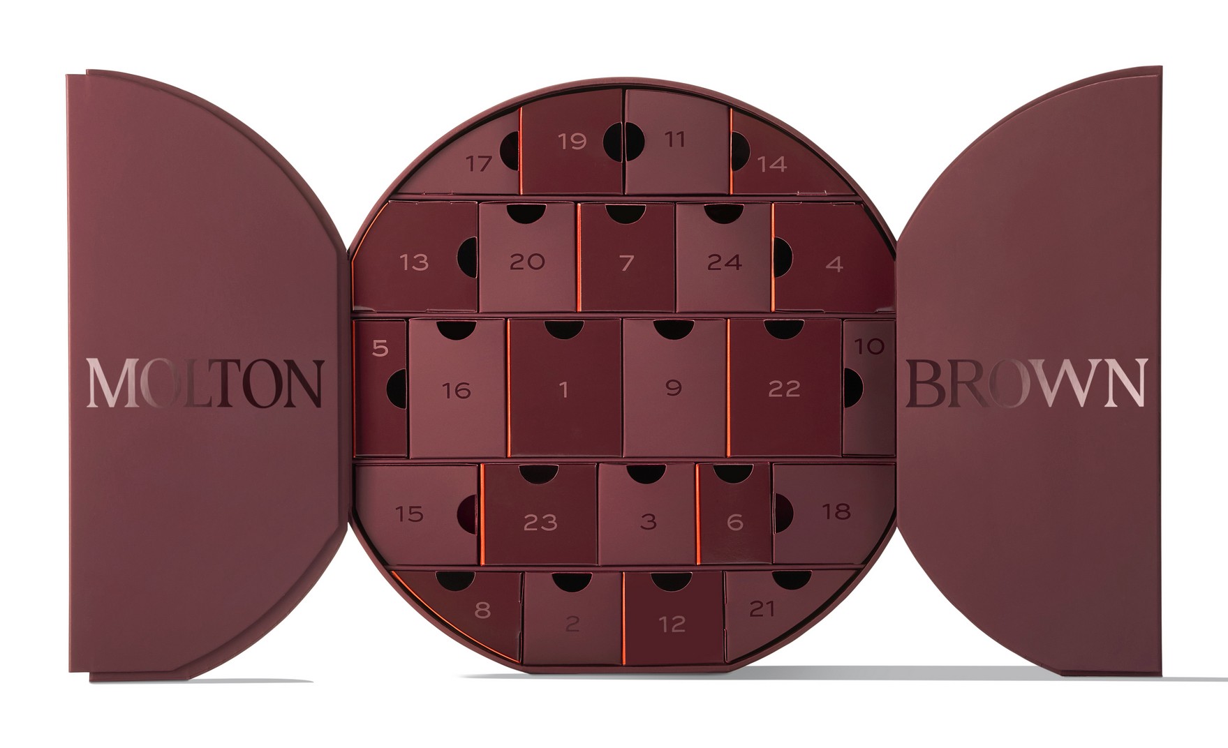 The Molton Brown Advent Calendar 2026 open to show its numbered doors