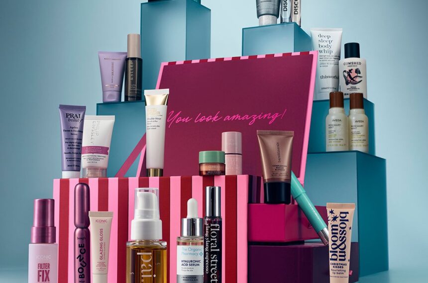 M&S Beauty Advent Calendar 2026 box, open, with its contents arranged around it