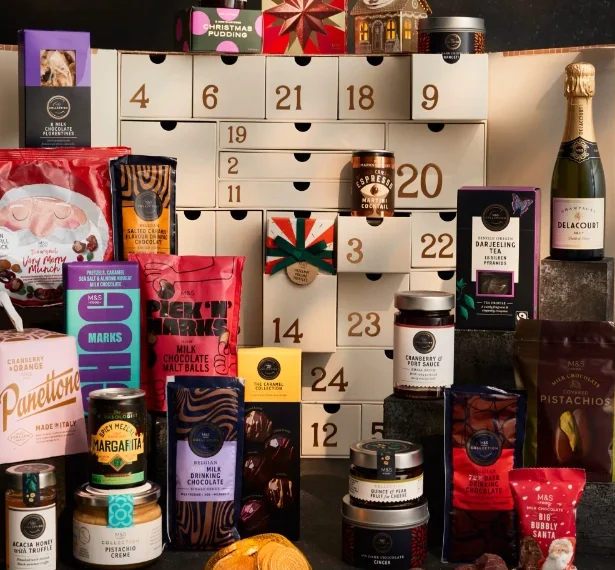 The M&S Foodhall Advent Calendar 2026 with its numbered drawers and all 27 products arranged in front