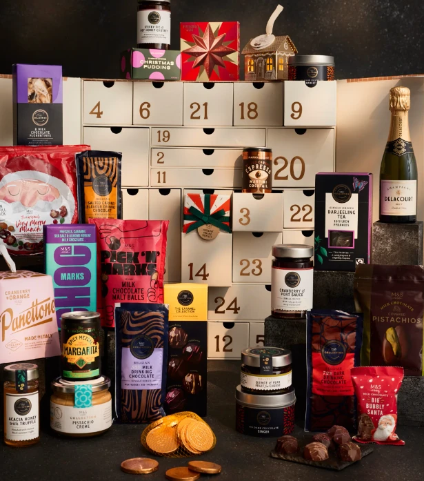 The M&S Foodhall Advent Calendar 2026 with its numbered drawers and all 27 products arranged in front