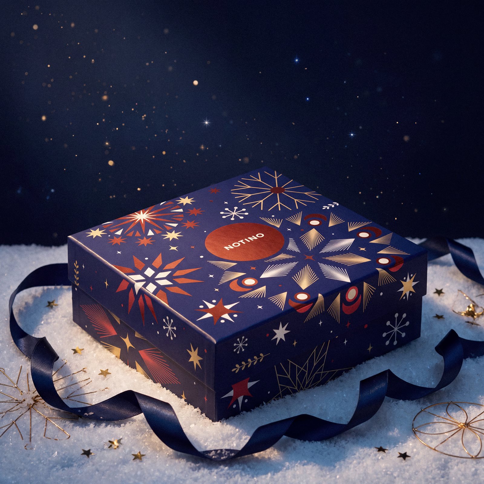 The Notino Advent Calendar 2026 box, printed with navy and gold snowflakes, resting on snow