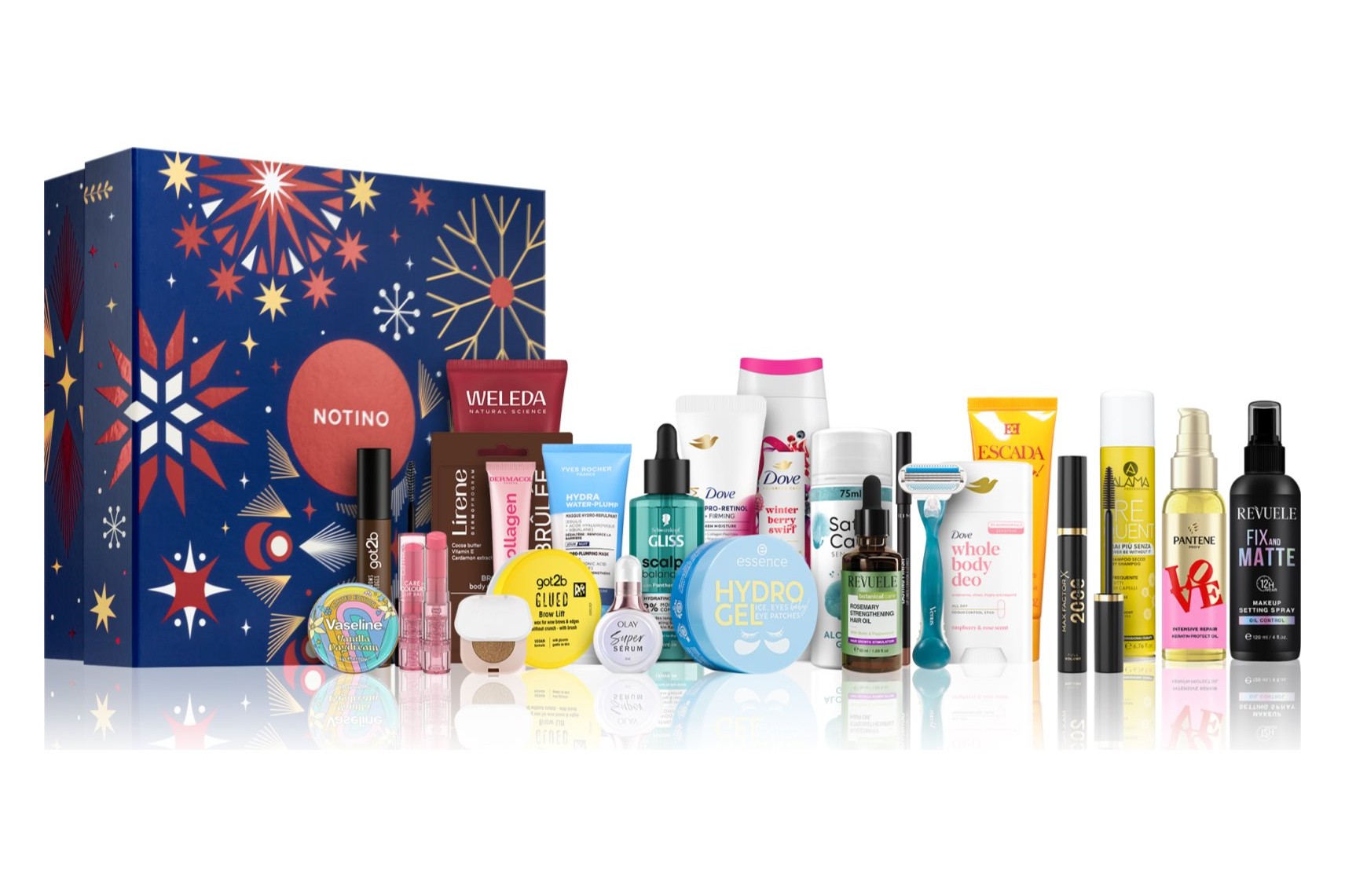 The navy Notino Advent Calendar 2026 box with its 24 beauty products lined up beside it