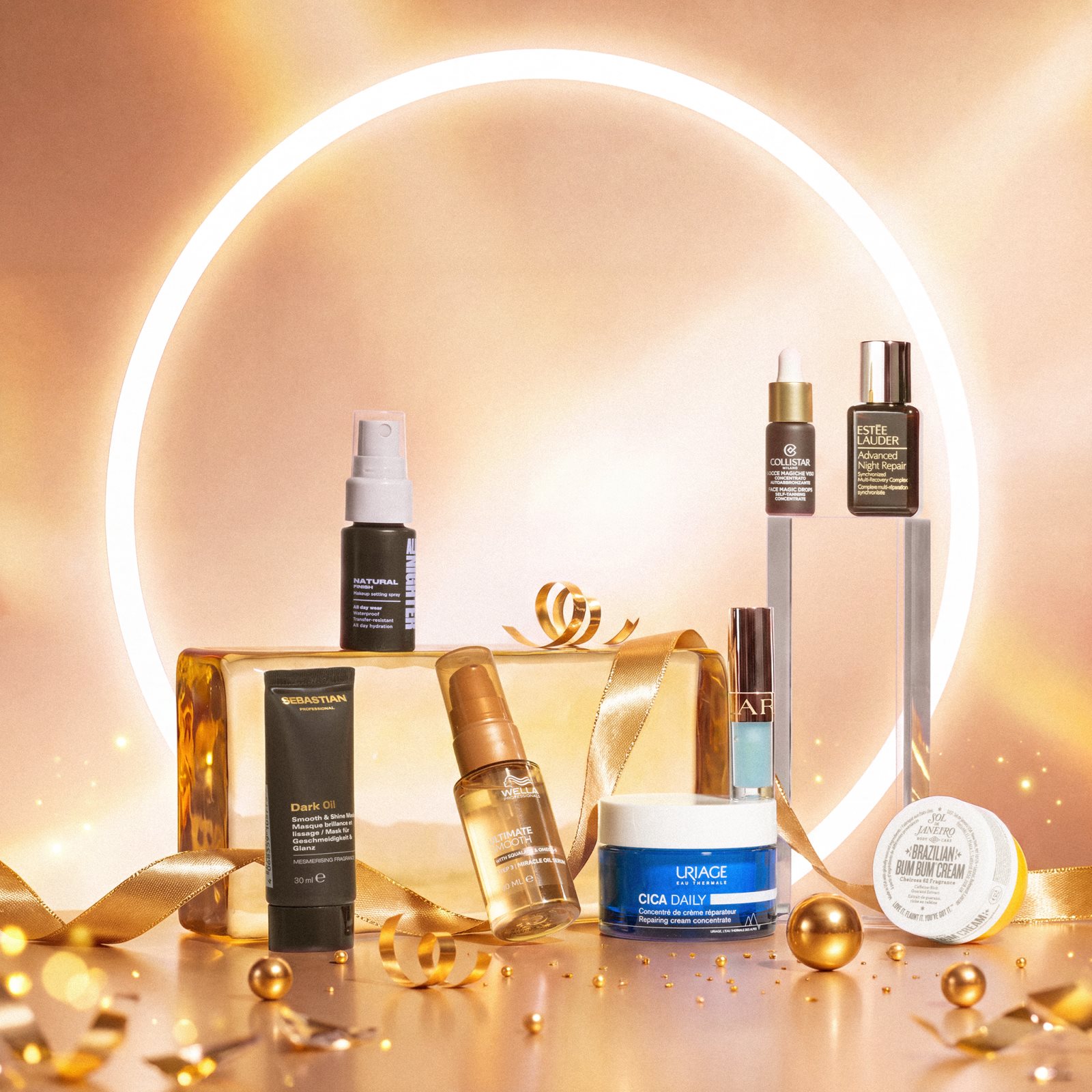 Skincare bottles and jars from the Notino Exclusive calendar, stacked in front of a glowing gold ring