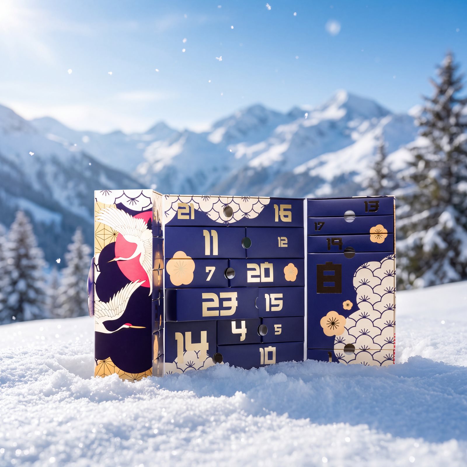 The House of Korean Beauty calendar opened out to show its numbered doors, standing in snow
