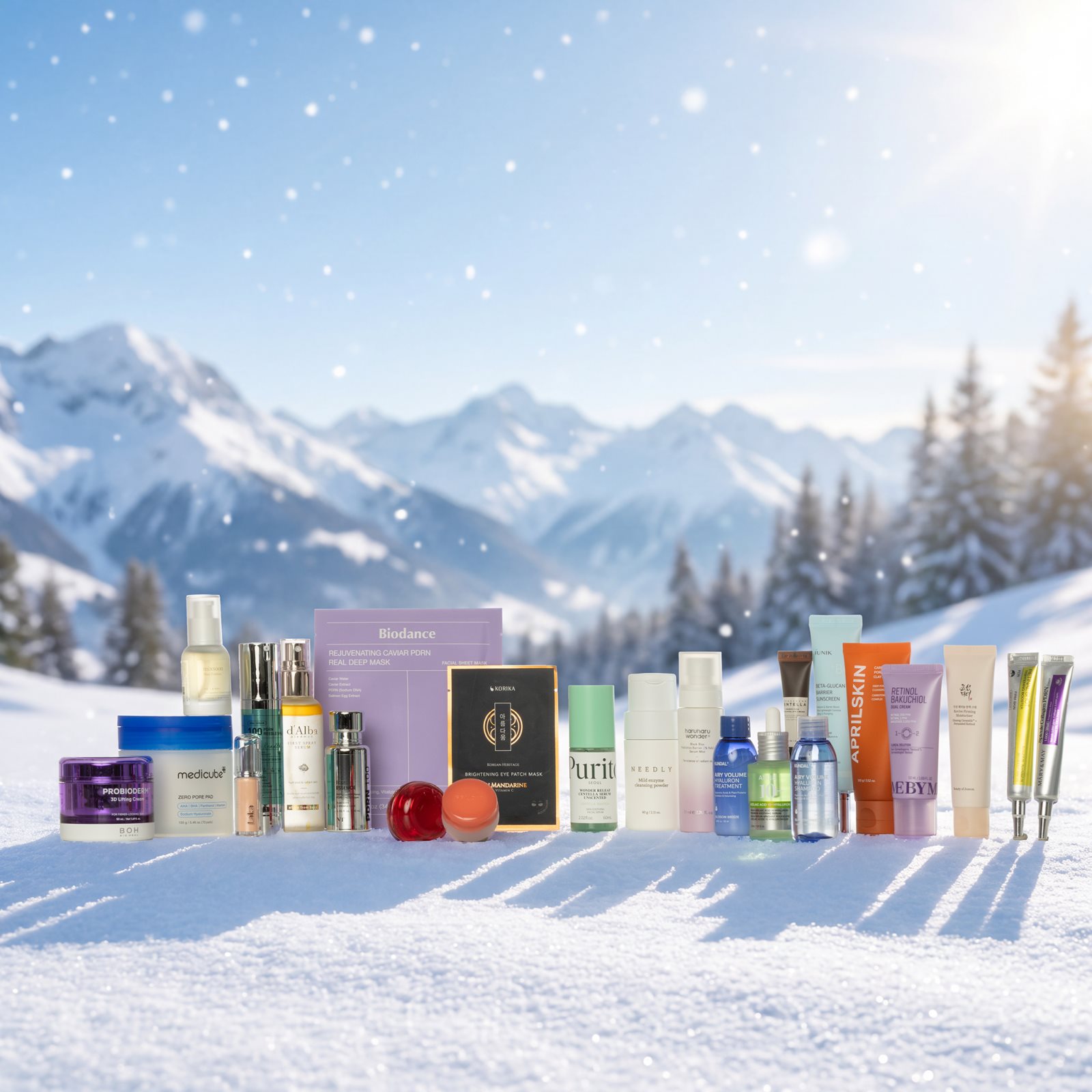 The House of Korean Beauty products lined up in the snow with mountains behind