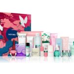 The Notino Korean Beauty Gems Advent Calendar 2026, a crimson and navy box with a crane design, with its 24 K-beauty products lined up in front