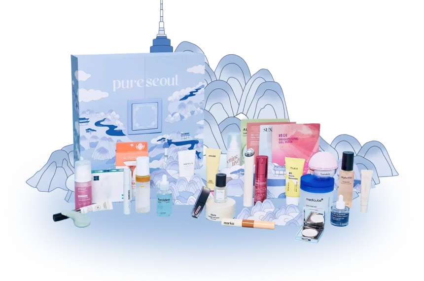 PURESEOUL K-Beauty Advent Calendar 2026: the Seoul-inspired box with its full product line-up laid out in front