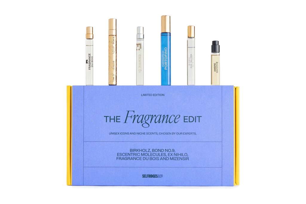 The Selfridges Fragrance Edit Volume 2 box with its six perfume travel sprays standing behind it