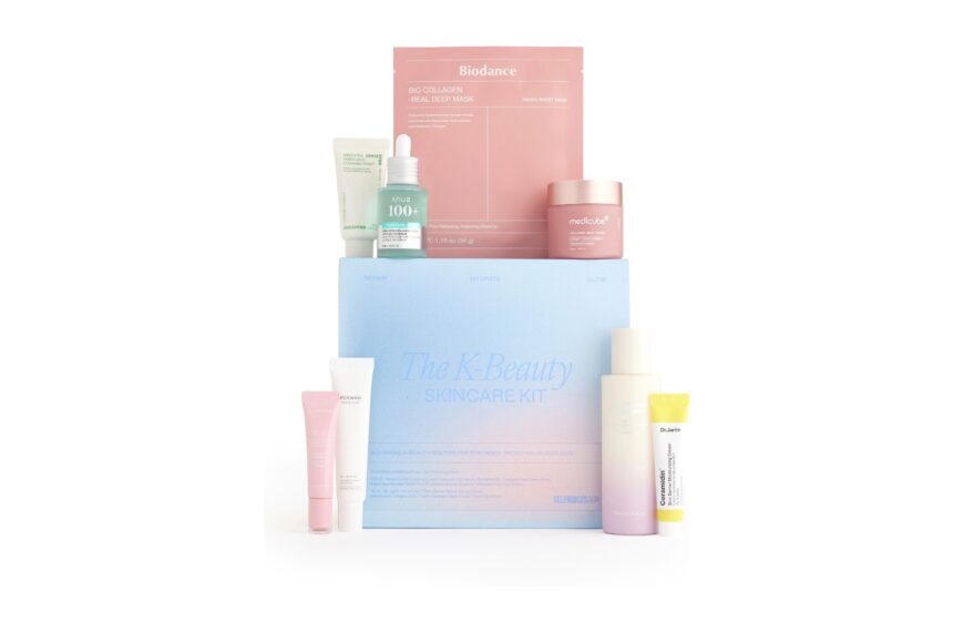 The Selfridges K-Beauty Skincare Kit gift box with its eight Korean skincare products arranged around it