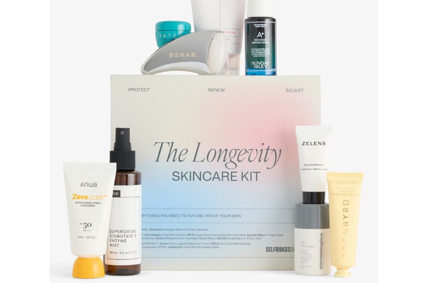 Selfridges The Longevity Skincare Kit 2026 box with all nine products arranged around it, whole in frame