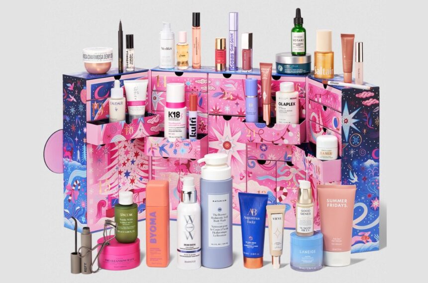 Space NK Beauty Advent Calendar 2026 open, showing all 35 products including Medik8, Olaplex and Charlotte Tilbury
