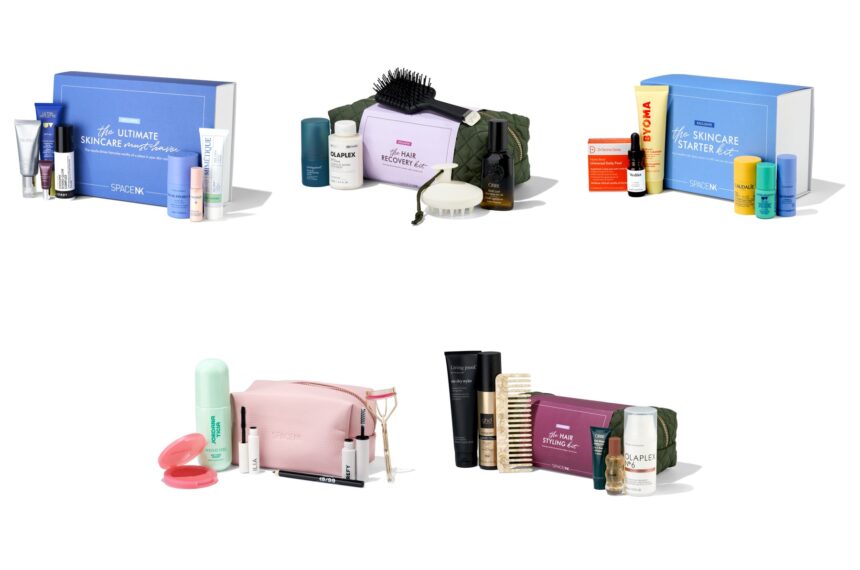 Five Space NK gift sets for 2026 with their products: the Ultimate Skincare Must-Haves, Hair Recovery Kit, Skincare Starter Kit, Your Makeup Must-Haves and Hair Styling Kit