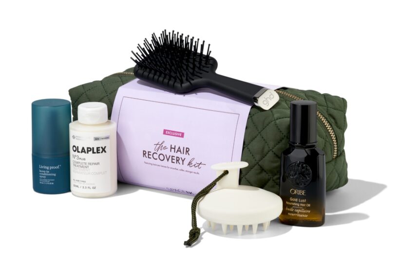 The Space NK Hair Recovery Kit 2026 with its quilted bag, ghd paddle brush, scalp massager and haircare products