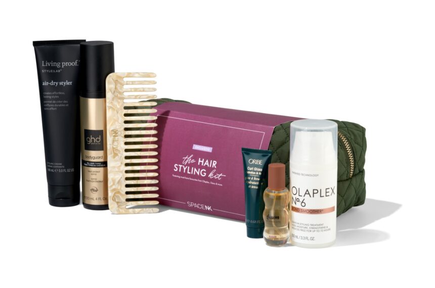 The Space NK Hair Styling Kit 2026 with its gift bag, wide tooth comb and six styling products