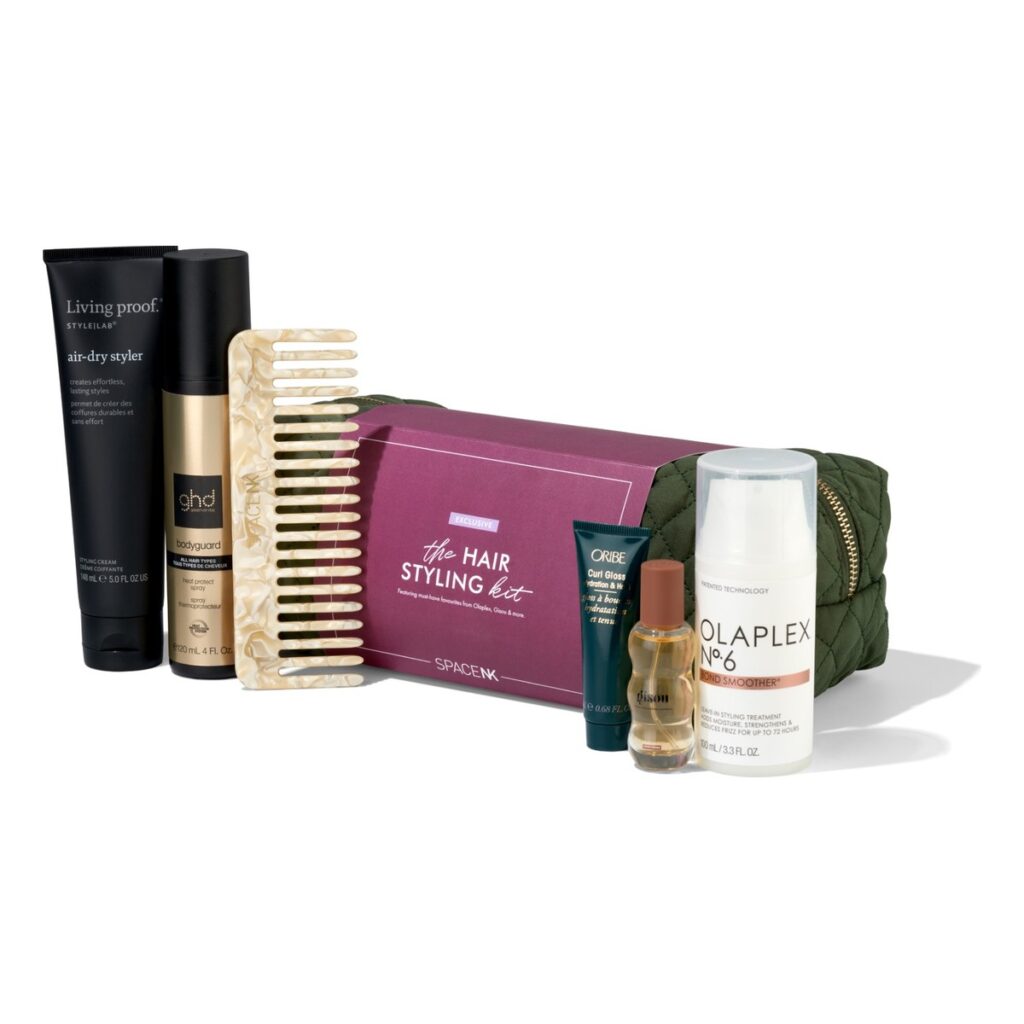 The Space NK Hair Styling Kit 2026 with its gift bag, comb and styling products