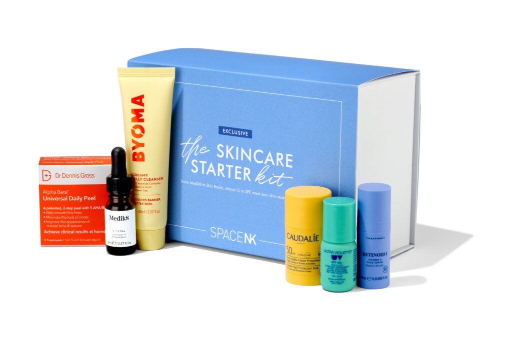 The Space NK Skincare Starter Kit 2026 box with its six skincare products arranged in front