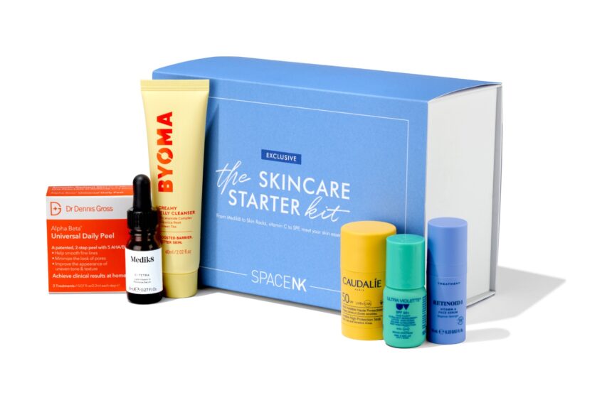 The Space NK Skincare Starter Kit 2026 box with its six skincare products arranged in front