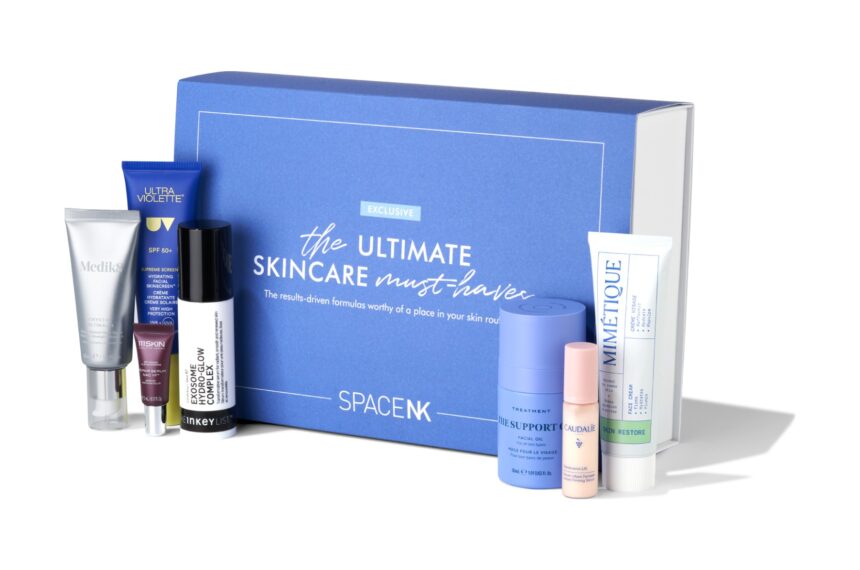 The Space NK Ultimate Skincare Must-Haves 2026 box with its seven skincare products arranged in front