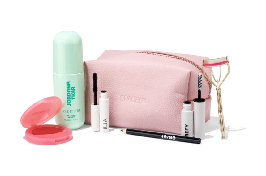 The Space NK Your Makeup Must-Haves 2026 set with its blush pink washbag, Rare Beauty blush, ILIA mascara and eyelash curler