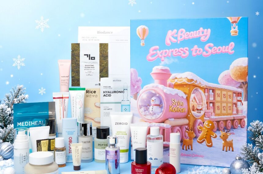 The StyleKorean 24 Days K-Beauty Advent Calendar 2026 Express to Seoul box with all 26 products laid out in front