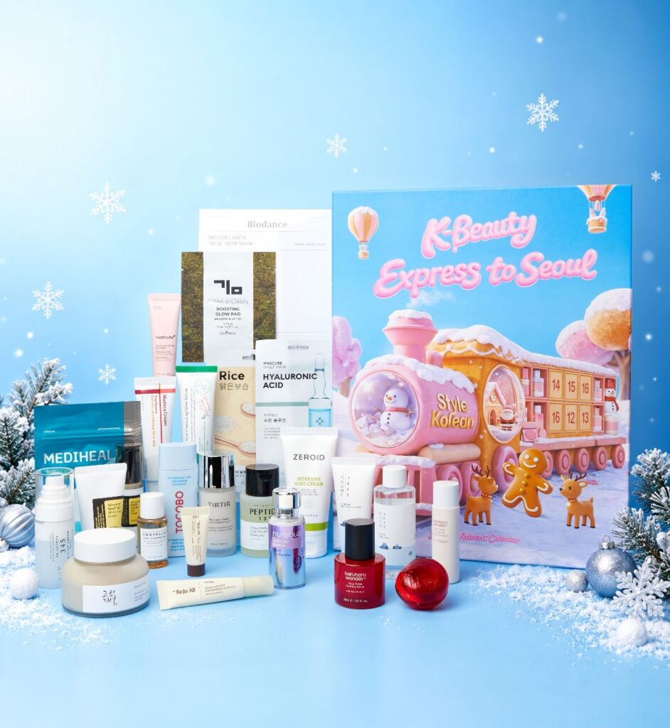 The StyleKorean 24 Days K-Beauty Advent Calendar 2026 Express to Seoul box with all 26 products laid out in front