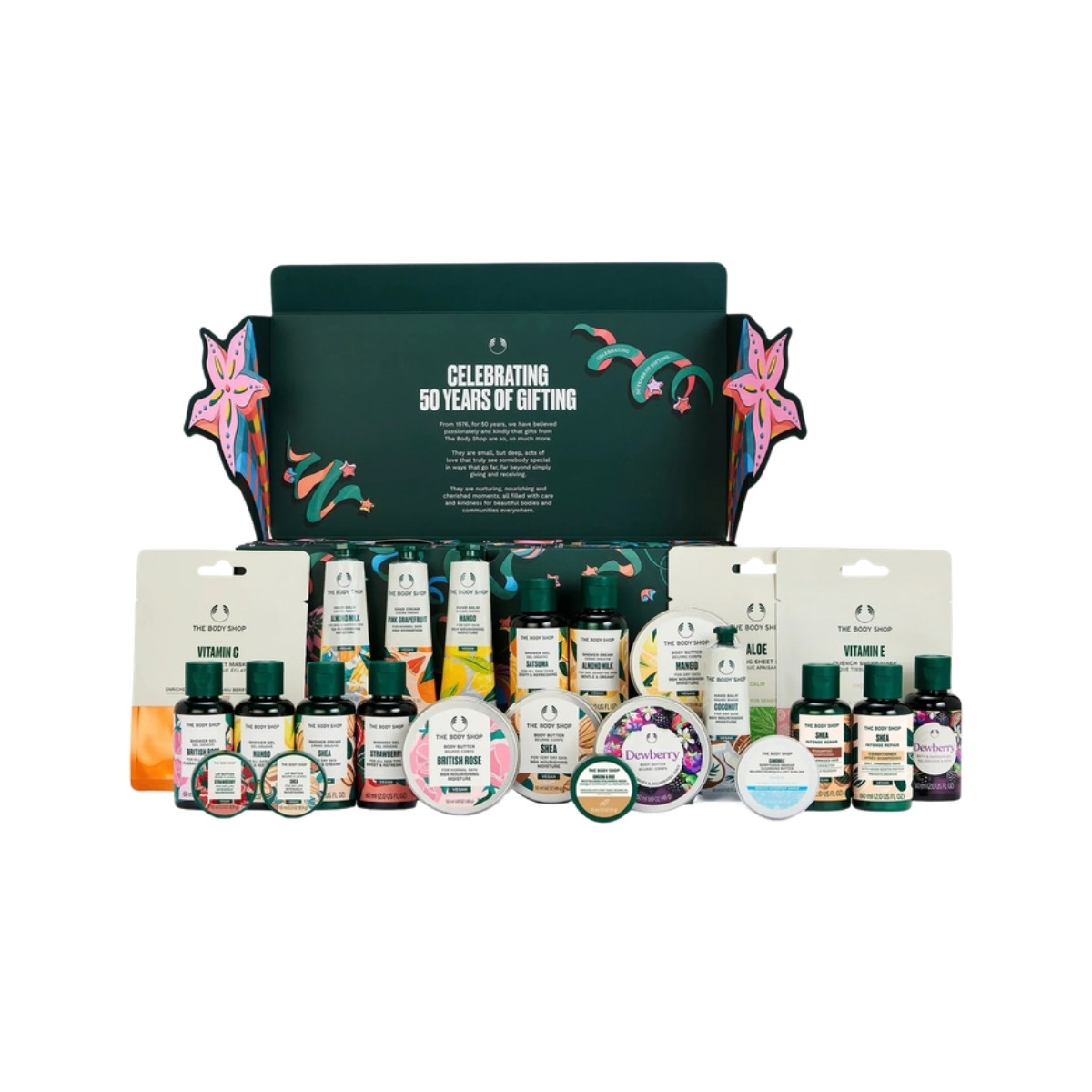 The Body Shop Classic Beauty Advent Calendar 2026 open, with its travel-size products lined up in front