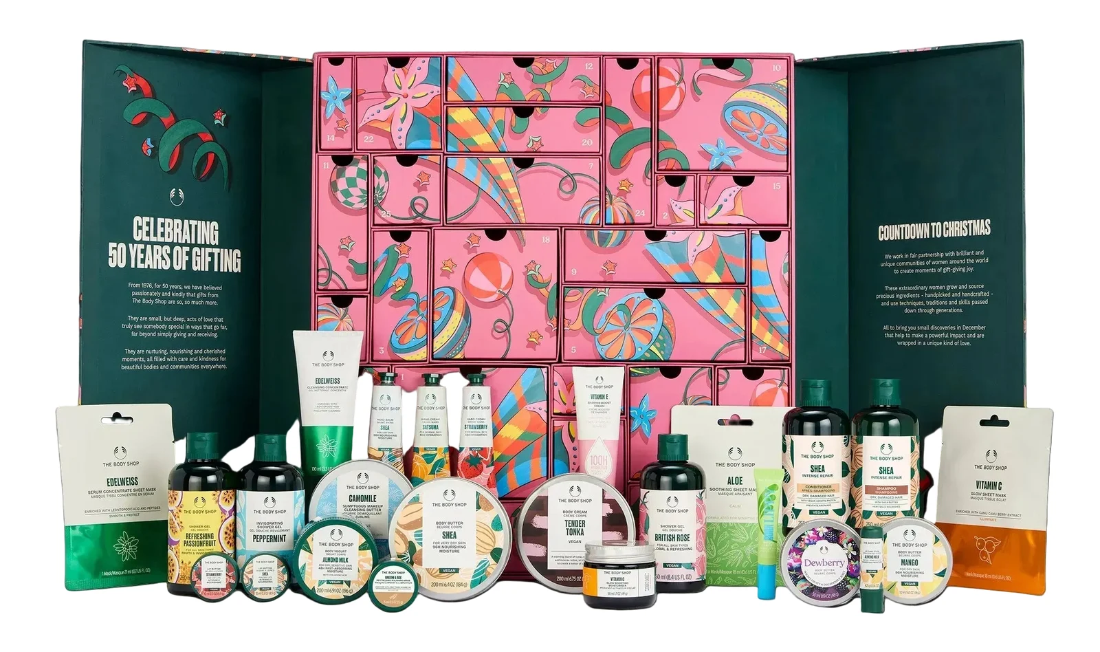 The Body Shop Ultimate Beauty Advent Calendar 2026 drawer calendar open with all 25 products including full-size Shea body butter, shampoo and conditioner arranged in front
