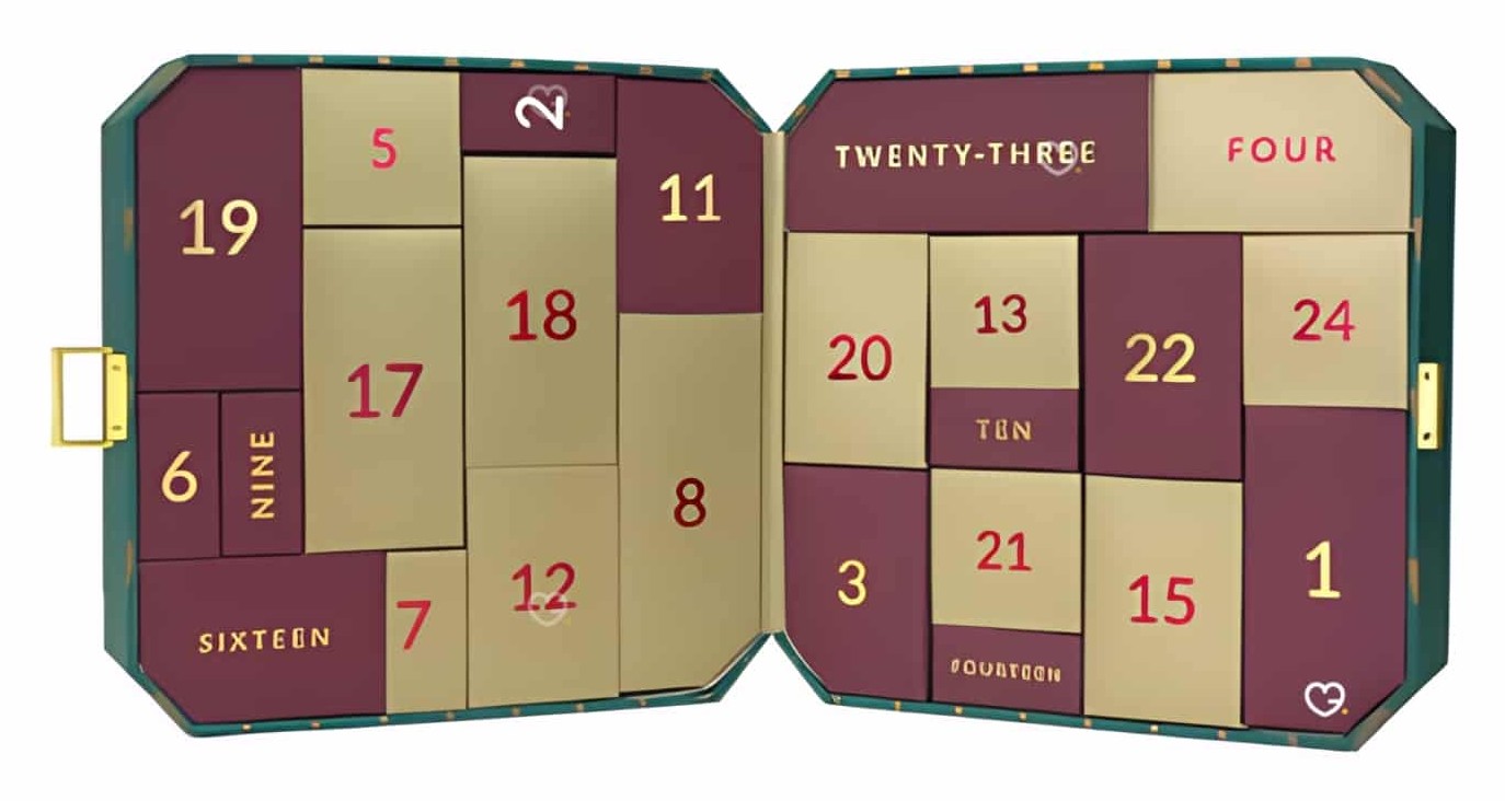 The Perfume Shop Advent Calendar 2026 opened out to show its 24 numbered burgundy and gold doors