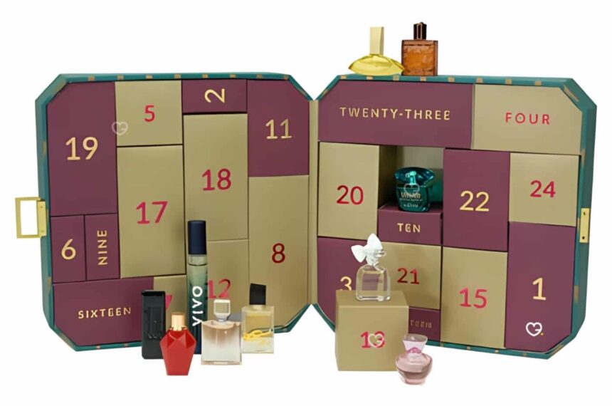 The Perfume Shop Advent Calendar 2026 open, with its burgundy and gold numbered doors and fragrance minis displayed in front