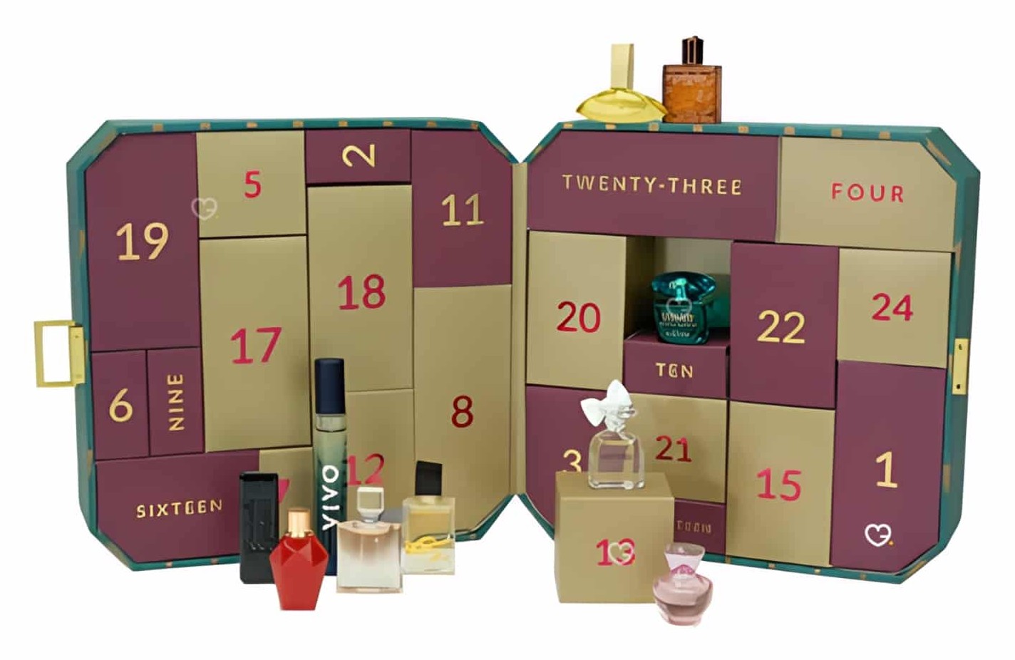 The Perfume Shop Advent Calendar 2026 open, with its burgundy and gold numbered doors and fragrance minis displayed in front