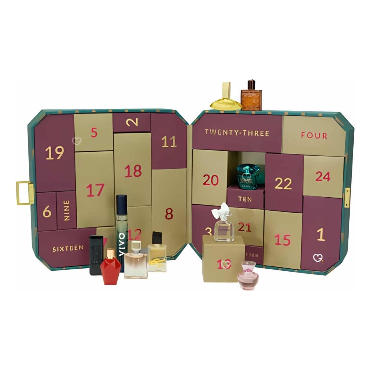 The Perfume Shop Advent Calendar 2026 open, with its burgundy and gold numbered doors and fragrance minis in front