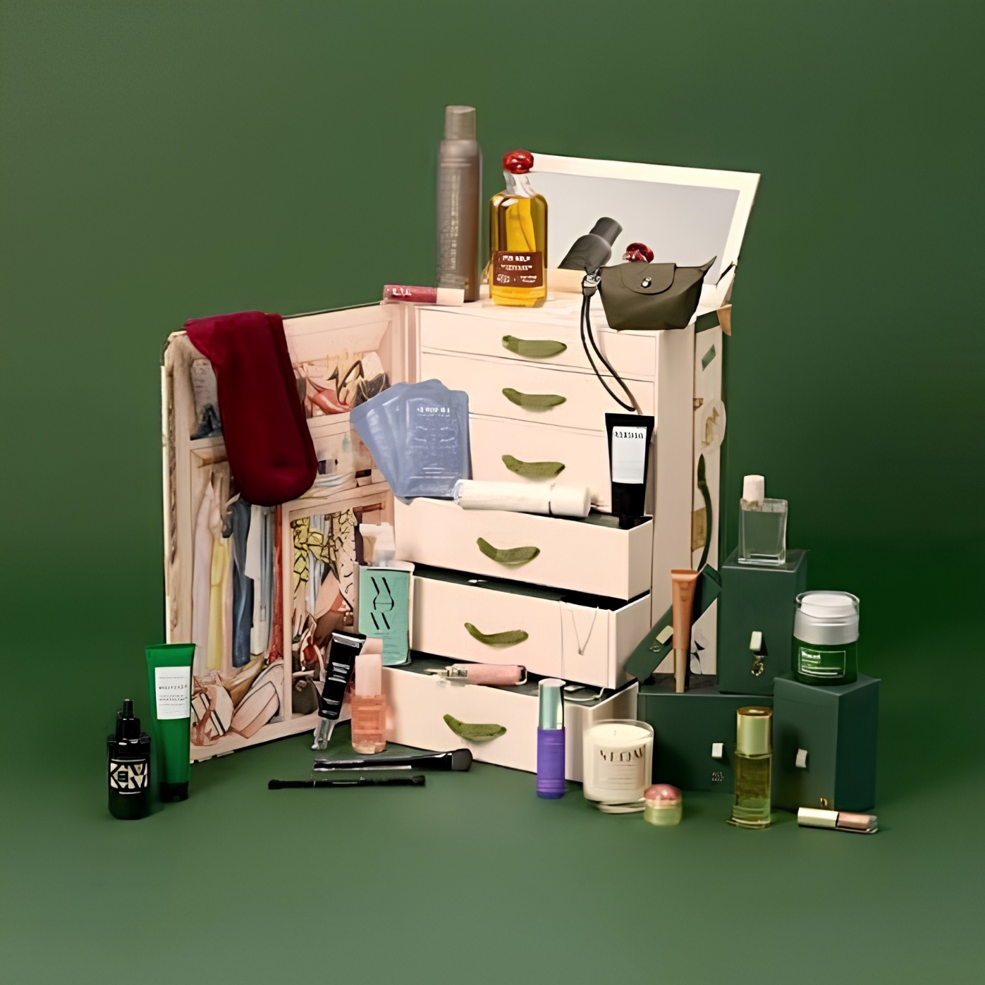 Vogue Festive Calendar 2026, open cream drawer unit filled with fashion and beauty products