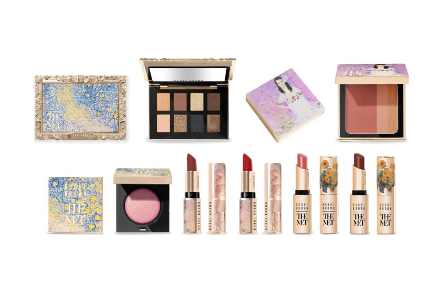Bobbi Brown x The Met 2026 collection: the 8 Eyeshadow Palette, Brightening Blush and Luxe Eyeshadow shown closed and open, with the Luxe Lipsticks and Extra Lip Tinted Balms