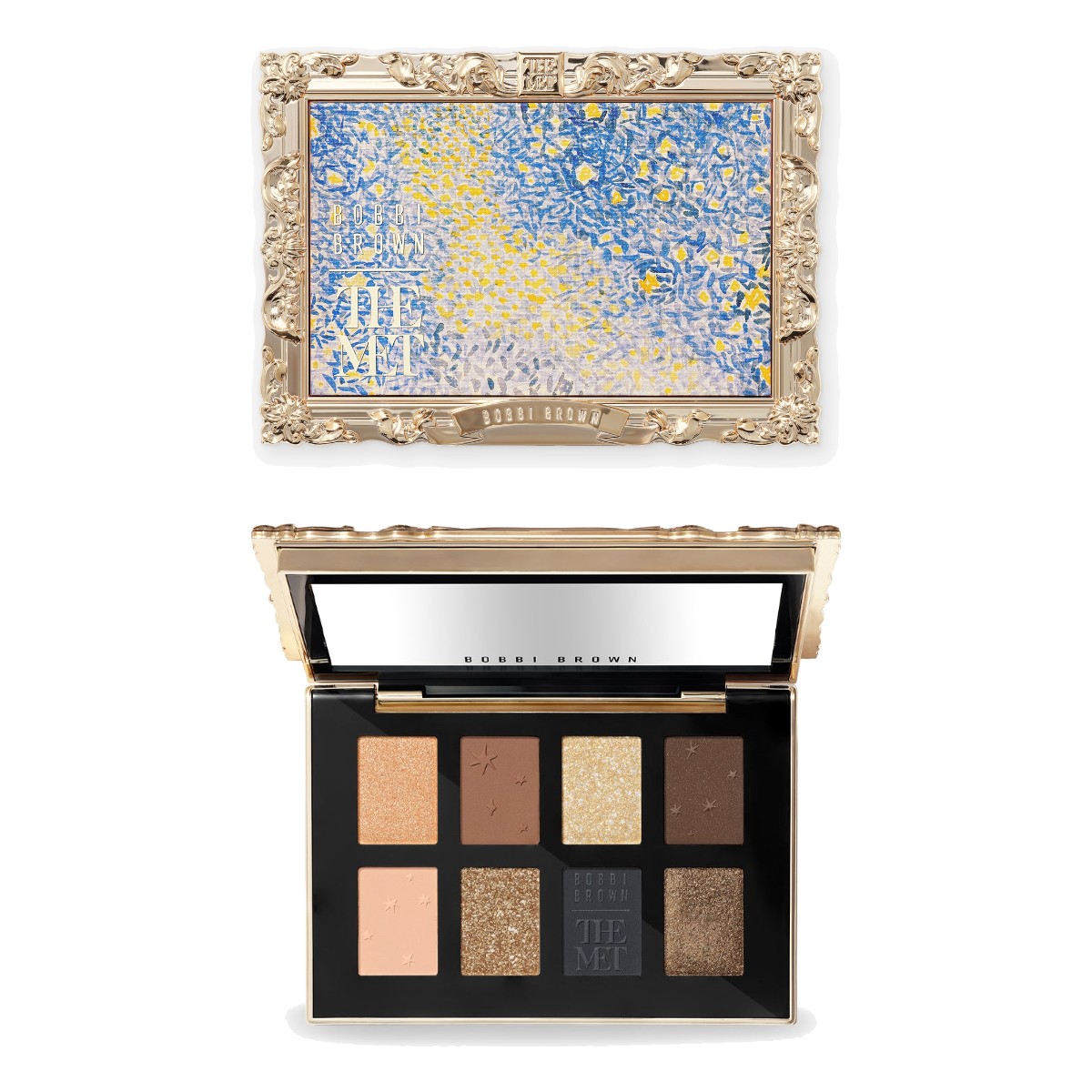 Bobbi Brown x The Met 8 Eyeshadow Palette closed, showing Henri-Edmond Cross artwork in a gilded frame, and open to show its eight shades