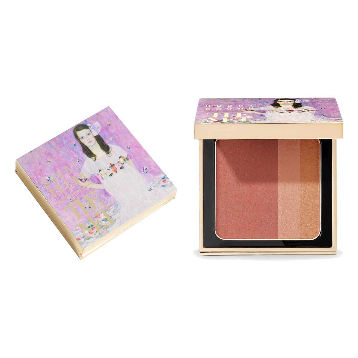Bobbi Brown x The Met Brightening Blush in Blushed Burgundy, closed to show the Klimt Mäda Primavesi lid and open