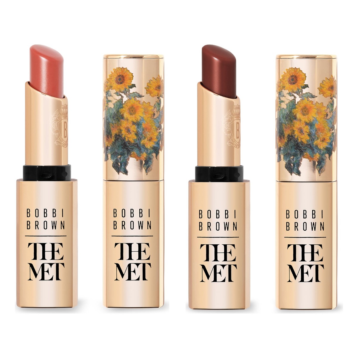 Bobbi Brown x The Met Extra Lip Tinted Balm in Bare Rose and Bare Mahogany with Monet sunflowers case