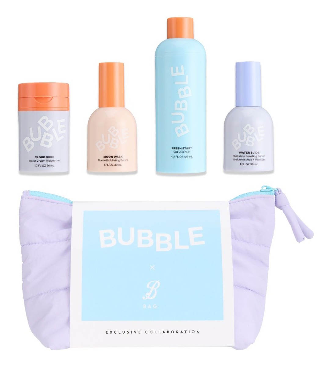 Contents of the Boots x Bubble Beauty Icons gift set: Fresh Start Gel Cleanser, Moon Walk Gentle Exfoliating Serum, Water Slide Hydration Boosting Serum and Cloud Surf Water Cream Moisturiser above the lilac makeup bag