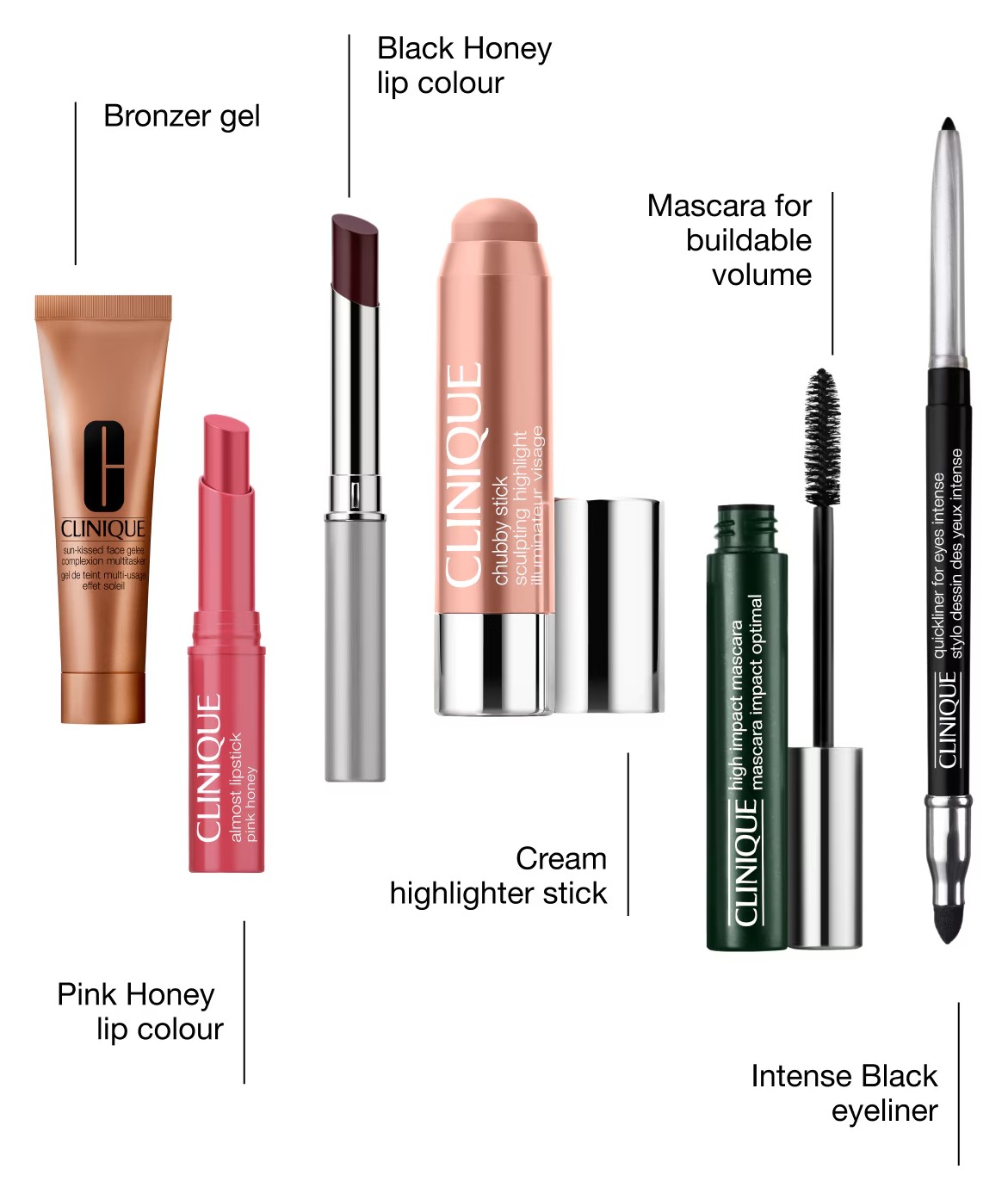 The makeup in the Clinique Advent Calendar 2026, including Almost Lipstick in Black Honey, High Impact Mascara and Quickliner for Eyes Intense