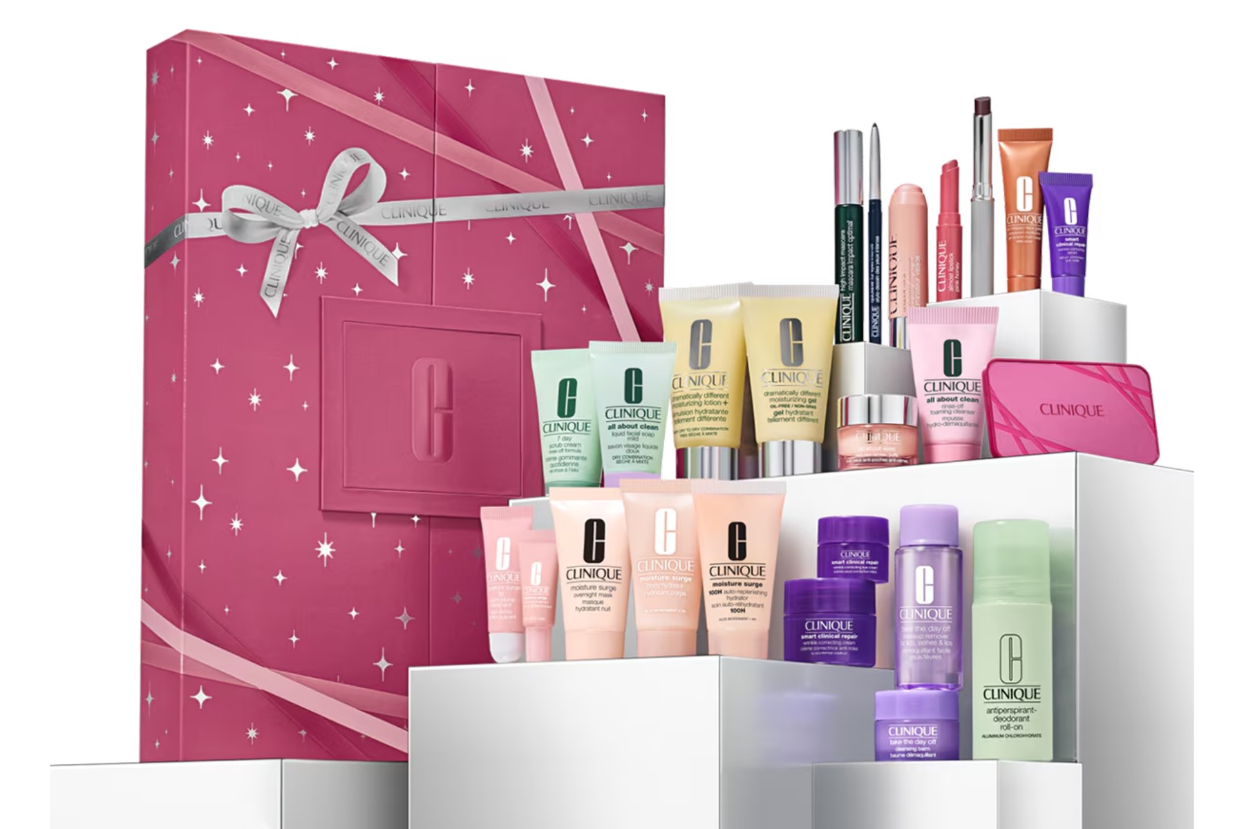 The 24 Days of Clinique Favourites Advent Calendar 2026 in its berry-pink box, with its skincare and makeup lined up beside it