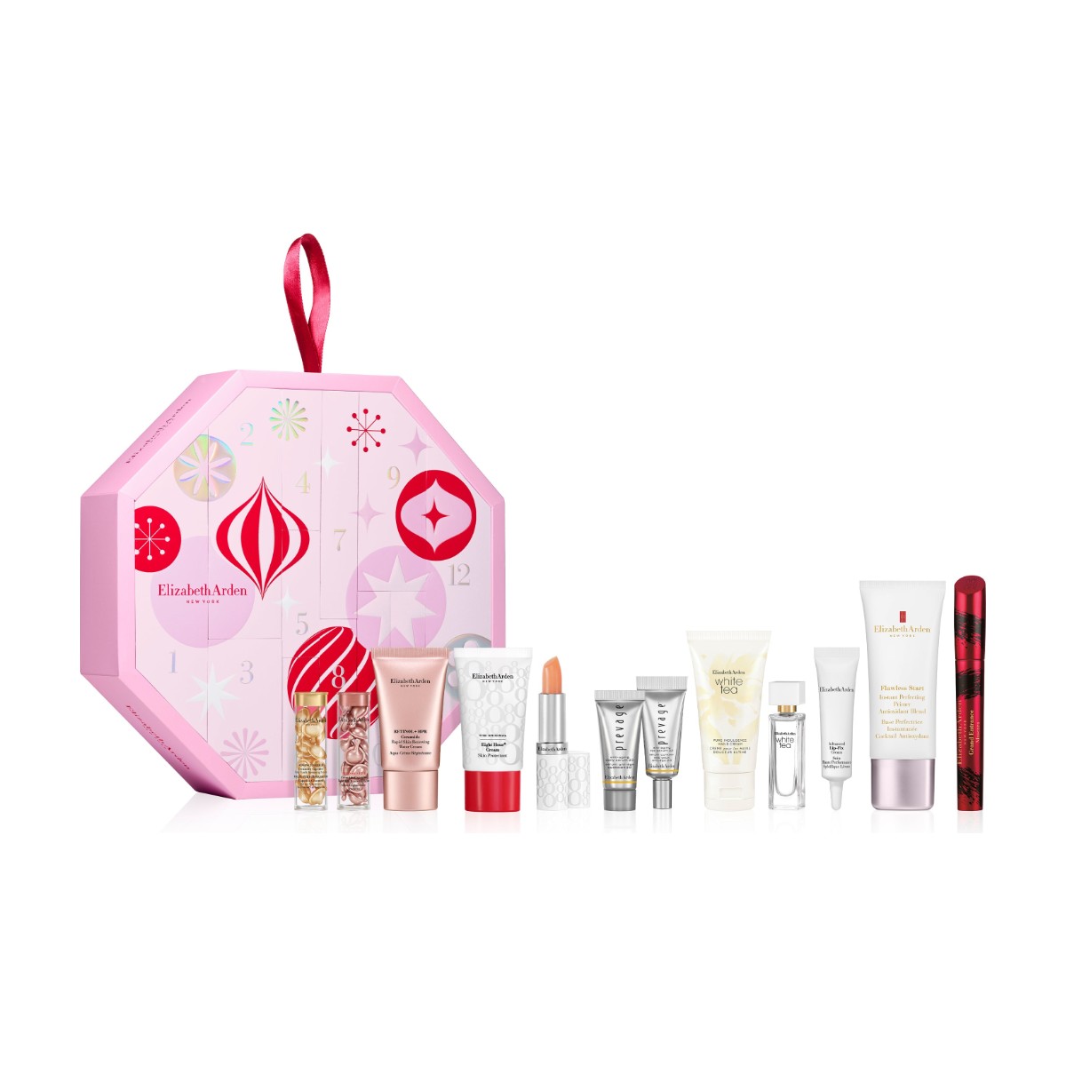 The Elizabeth Arden Advent Calendar 2026 with its 12 skincare, makeup and fragrance products displayed in front