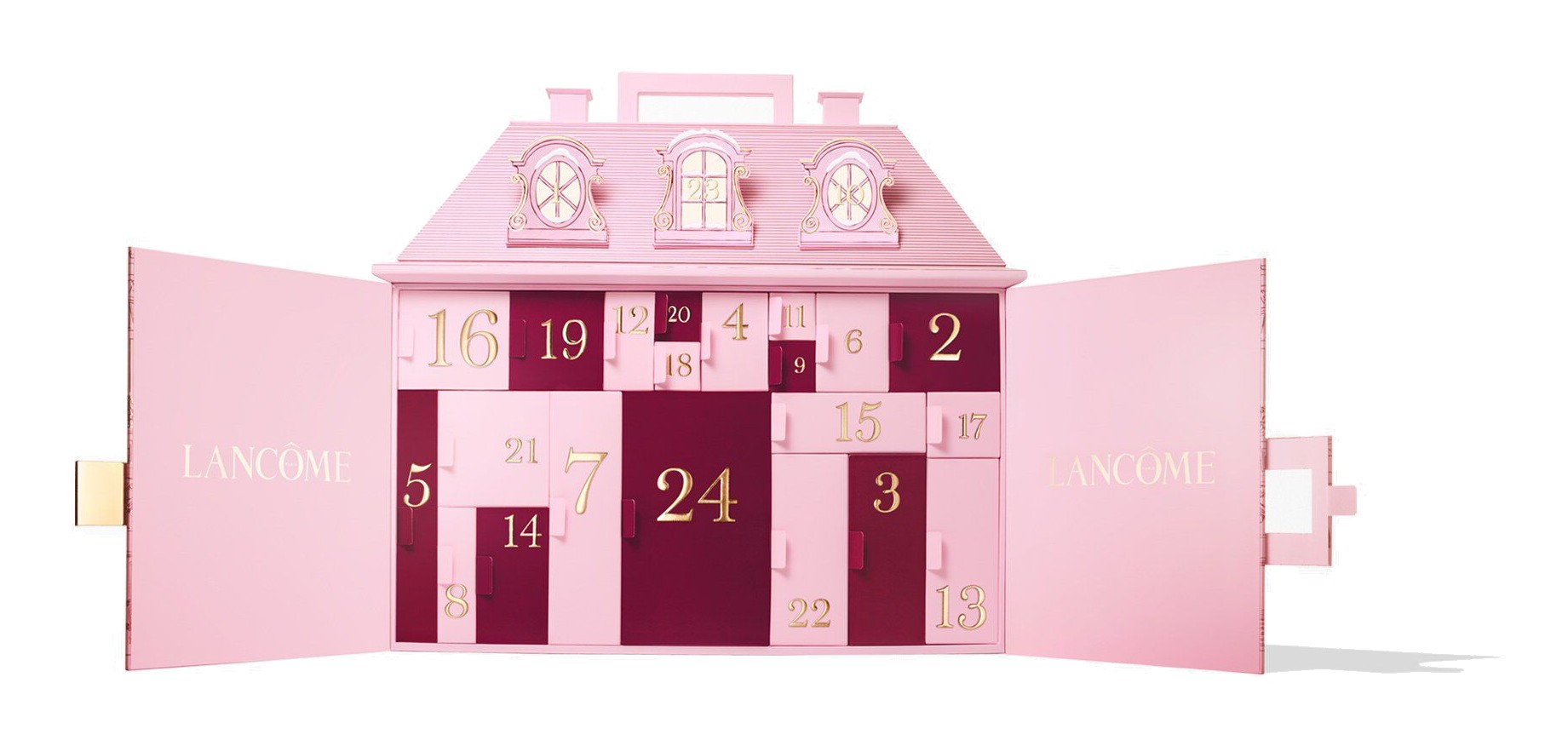 The pink Lancôme Palace Advent Calendar 2026 with its front doors open on the numbered rooms