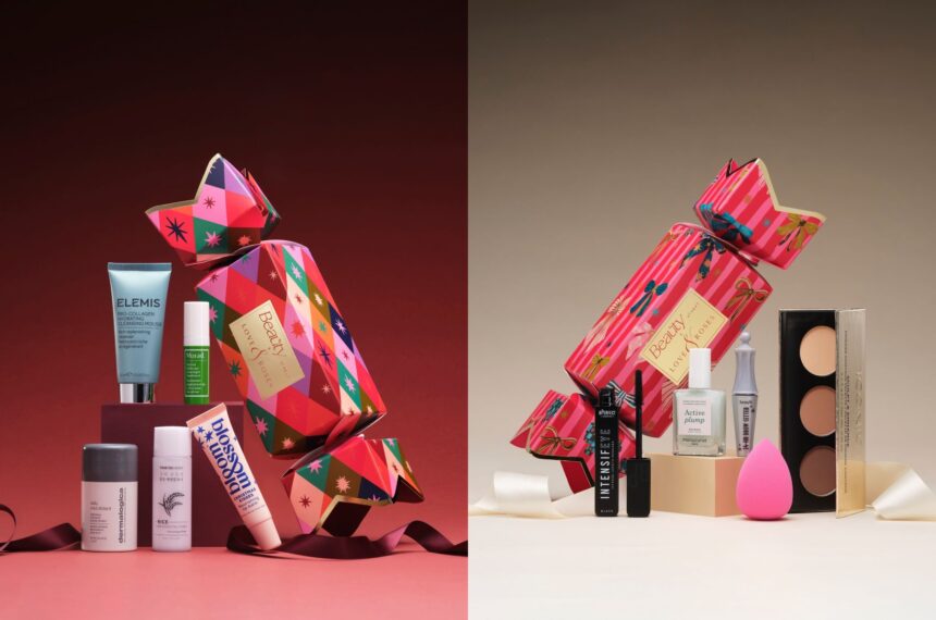 The Next Beauty Skincare and Makeup Christmas Crackers side by side, each with its five products arranged around it