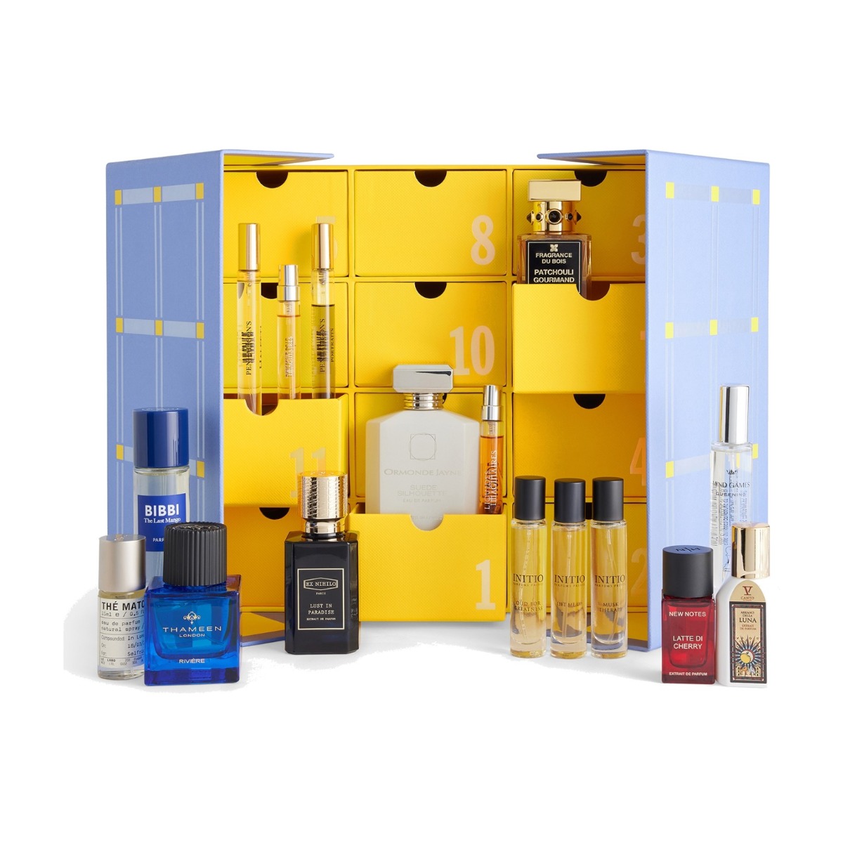 The Selfridges Fragrance Advent Calendar 2026 open, with its niche perfumes displayed in front of the cabinet