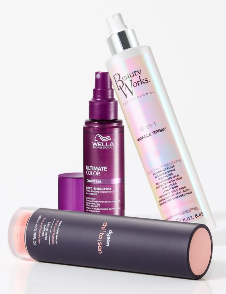 Beauty Works 10-in-1 Miracle Spray, Wella Ultimate Colour Shine Spray and Dyson Chitosan Post Style Serum from the Very Festive Beauty Box 2026