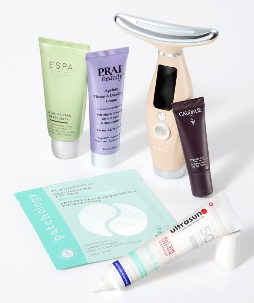 ESPA mask, Prai crème, Sensse LED Skin Lift, Caudalie eye cream, Patchology eye gels and Ultrasun SPF50 from the Very Festive Beauty Box 2026